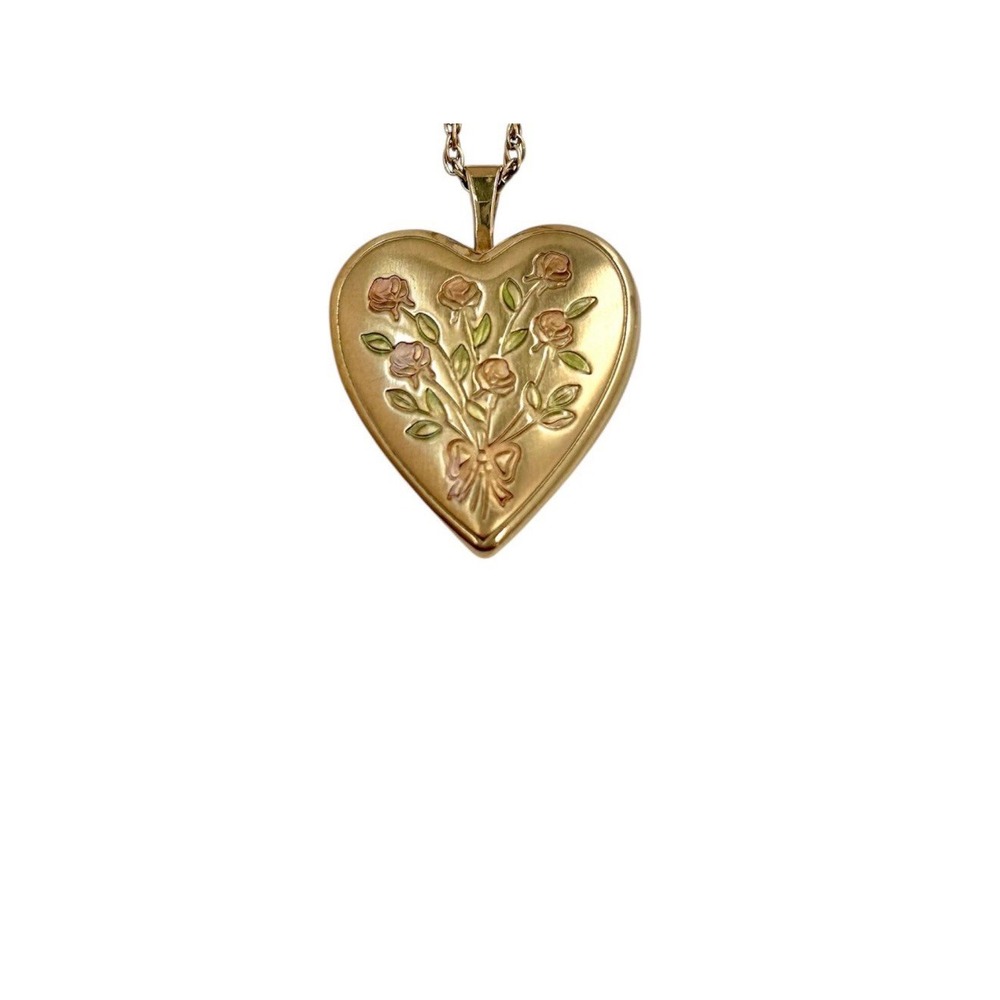 Vintage 14K Gold Filled Heart Locket Necklace Pink Roses Photo Charm Pendant